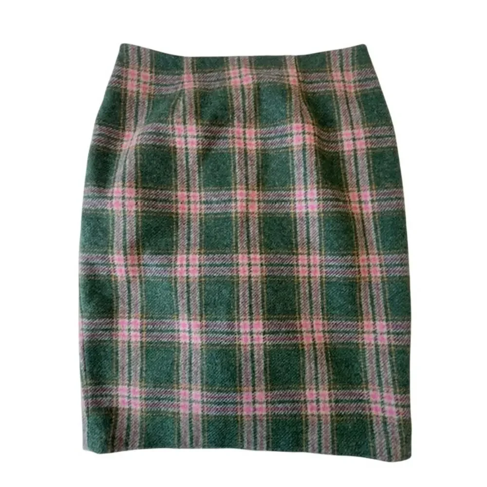 Boden British Tweed Green Pink Plaid Wool Pencil Skirt US 6 Preppy Academia